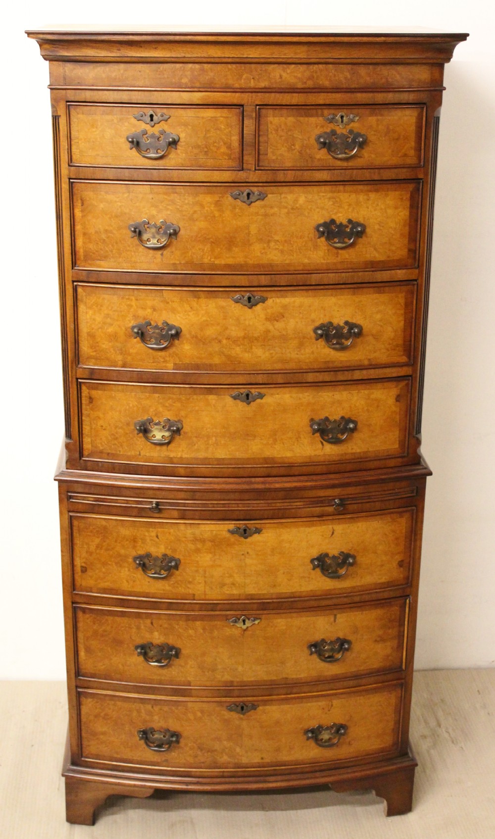 Bow Fronted Burr Walnut Chest on Chest