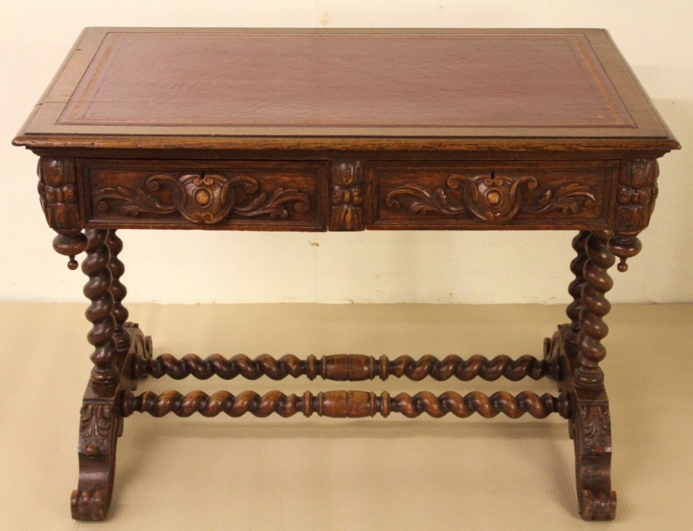 Victorian Carved Oak Writing Table by Maple and Co
