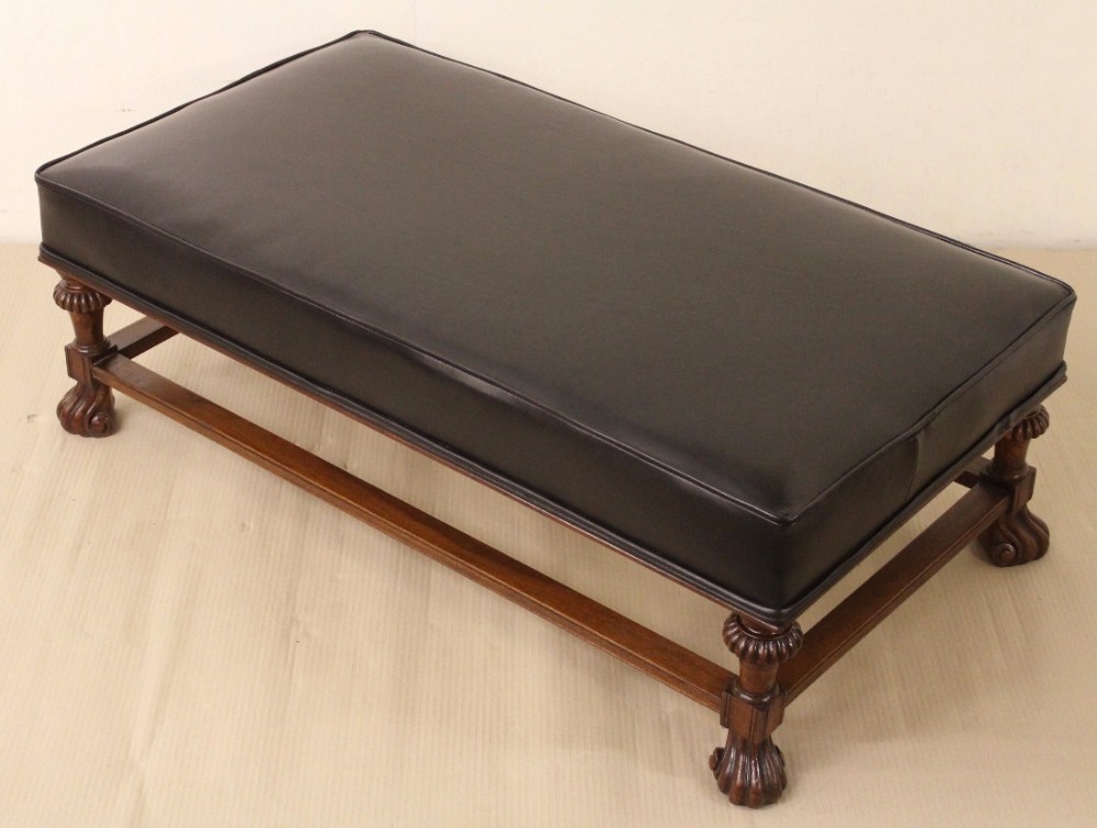 Large Walnut and Leather Upholstered Stool