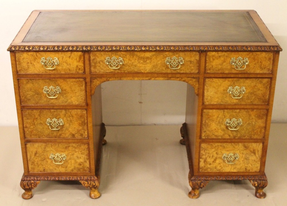 Burr Walnut 9 Drawer Pedestal Desk