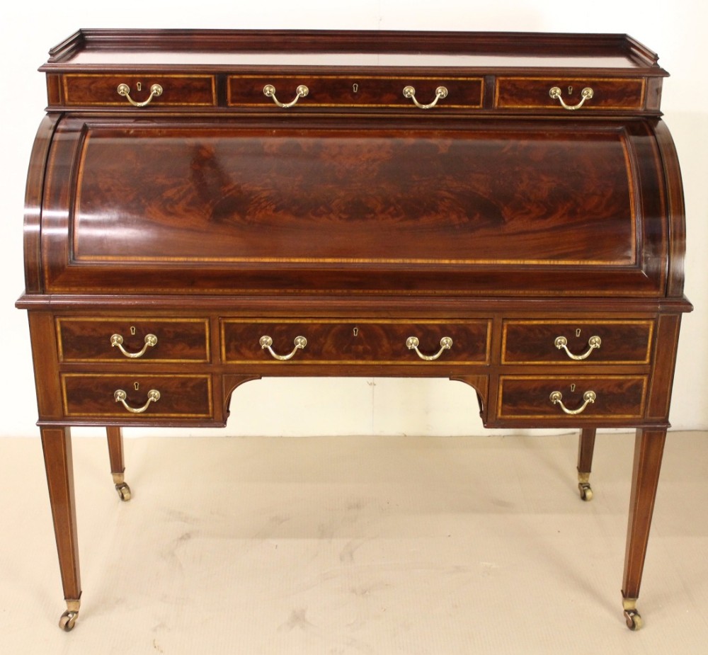 Inlaid Mahogany Cylinder Bureau by Maple and Co