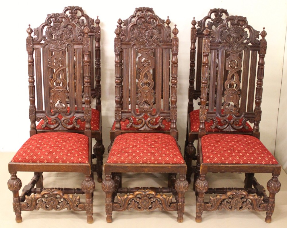 Set of 6 Carved Oak High Back Chairs