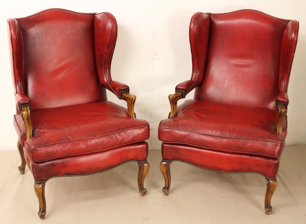 Pair of French Walnut and Leather Upholstered Armchairs 