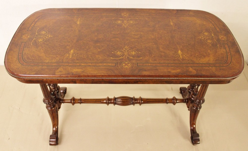 Victorian Inlaid Burr Walnut Stretcher Table