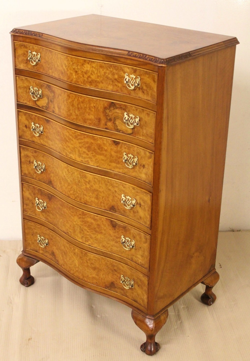 Tall Burr Walnut Serpentine Chest of Drawers