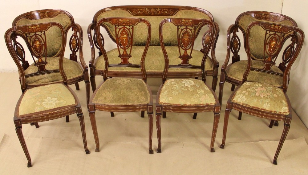 Victorian Inlaid Mahogany 7 Piece Salon Suite