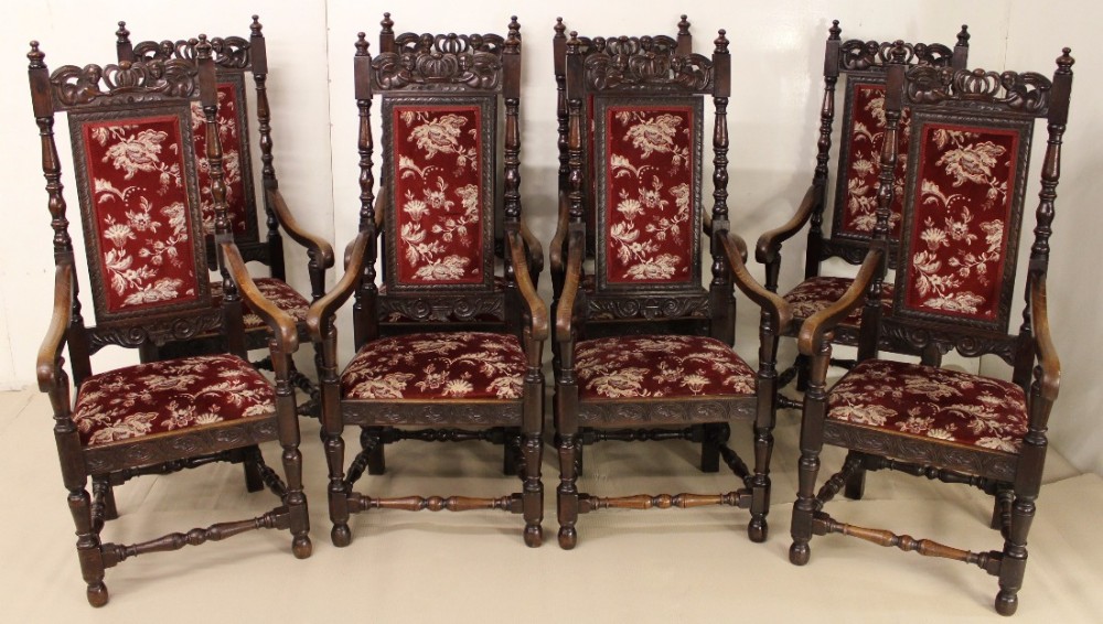 Set of 8 Victorian Carved Oak Armchairs