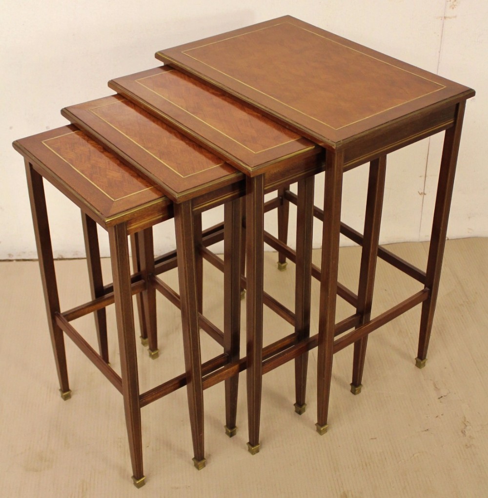 Brass Inlaid and Parquetry Nest of Four Tables