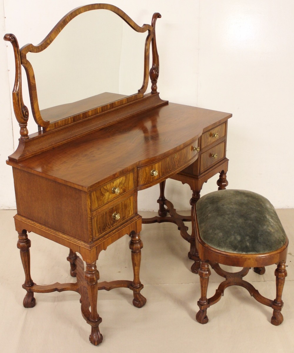 Burr Walnut and Oak Dressing Table and Stool