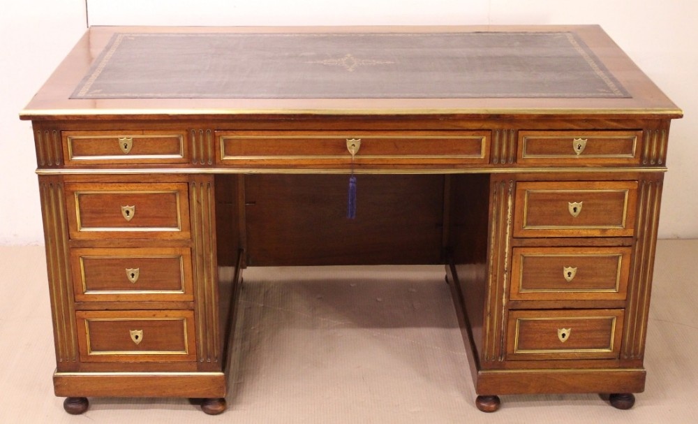French Mahogany and Brass Inlaid Pedestal Desk