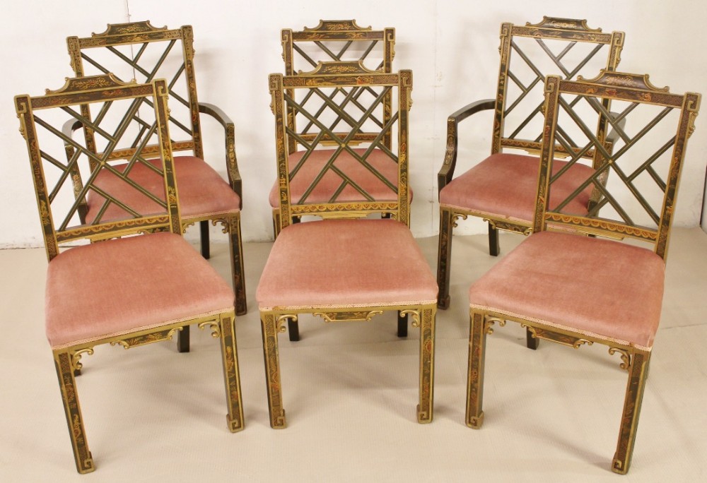 Set of 6 Chippendale Style Chinoserie Painted Chairs