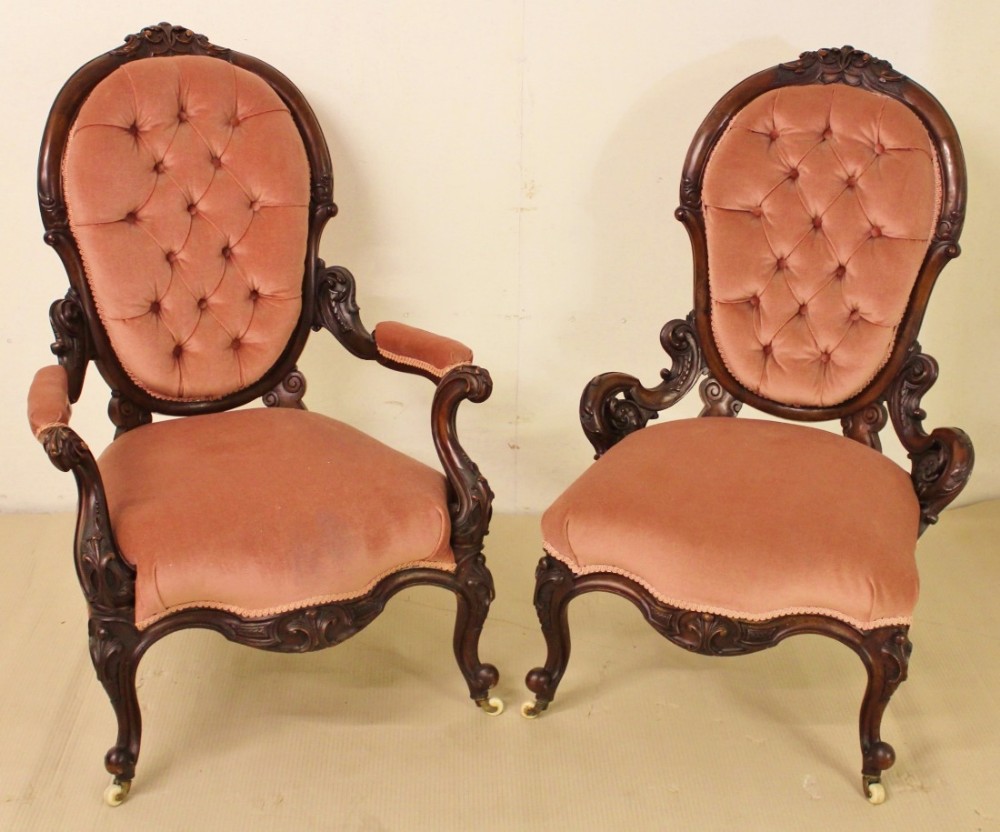 Pair of Victorian His and Hers Upholstered Armchairs