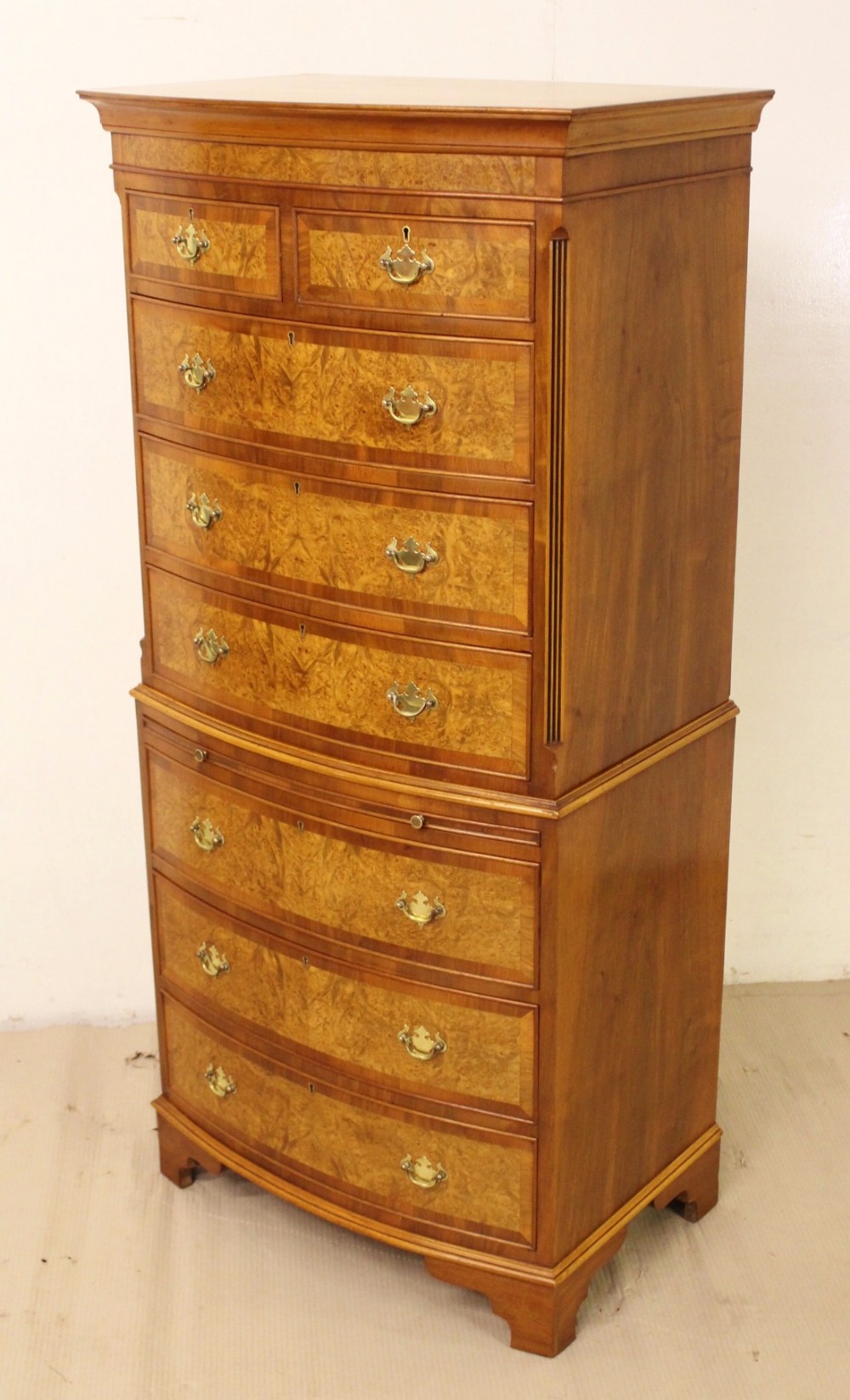 Burr Walnut Bow Fronted Chest on Chest