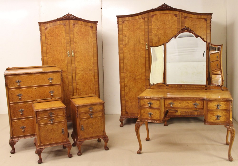 Burr Walnut 6 Piece Bedroom Suite in the Queen Anne Style