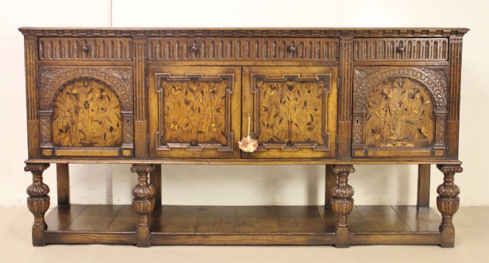 Elizabethan Style Oak Marquetry Sideboard View VI