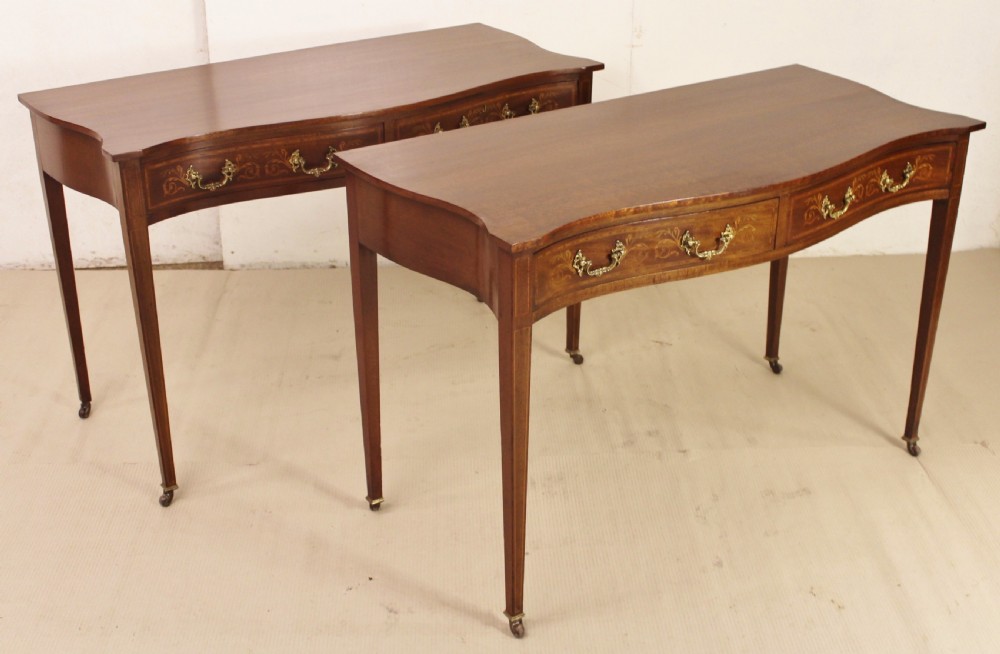 Pair of Edwardian Serpentine Inlaid Mahogany Tables