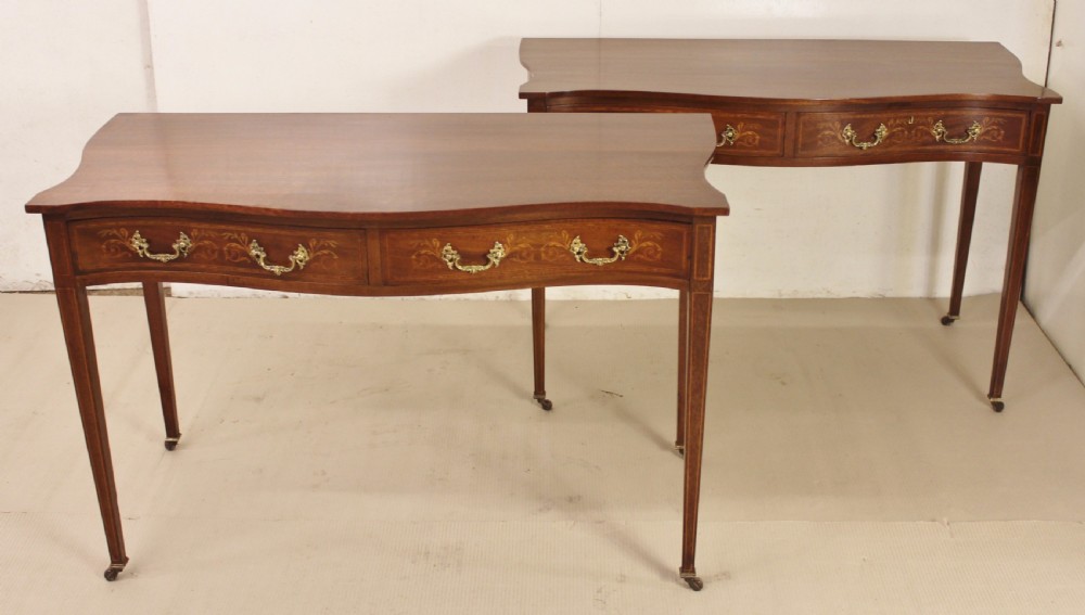 Pair of Edwardian Serpentine Inlaid Mahogany Tables View II