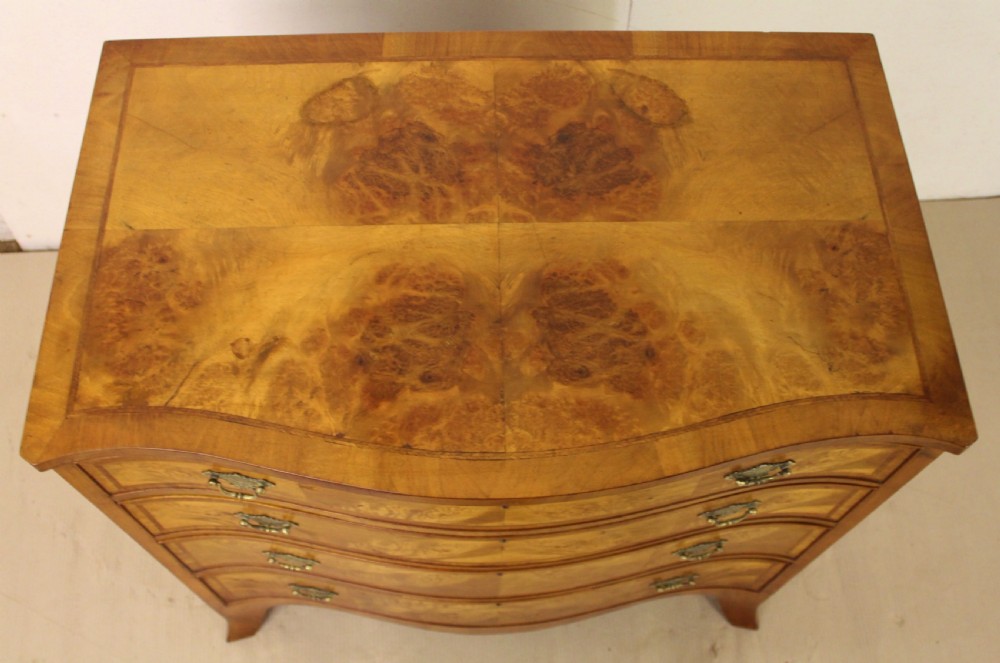 Burr Walnut Serpentine Fronted Chest of Drawers View IV