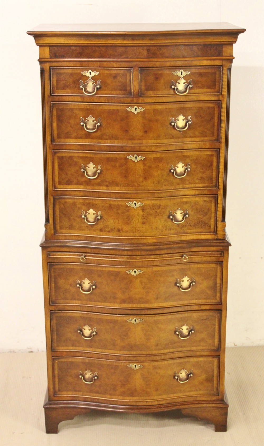 Burr Walnut Serpentine Fronted Chest on Chest