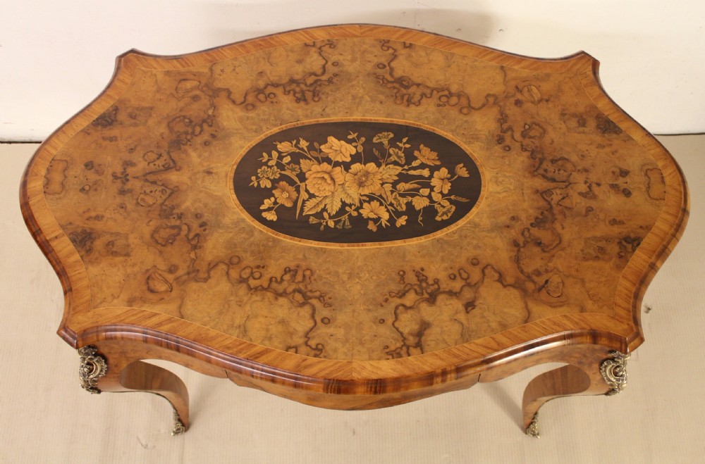 Marquetry Inlaid Burr Walnut Center Table View II