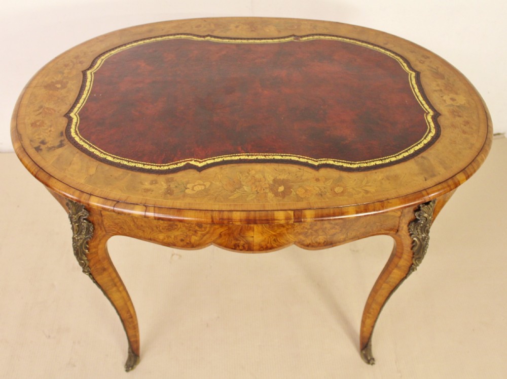 Victorian Oval Burr Walnut and Marquetry Writing Table