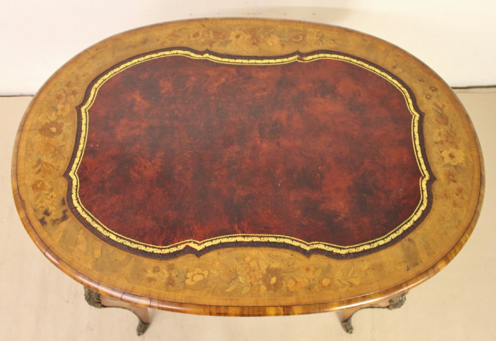 Victorian Oval Burr Walnut and Marquetry Writing Table View III