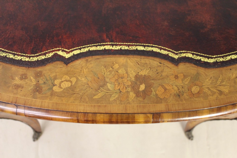 Victorian Oval Burr Walnut and Marquetry Writing Table View VII