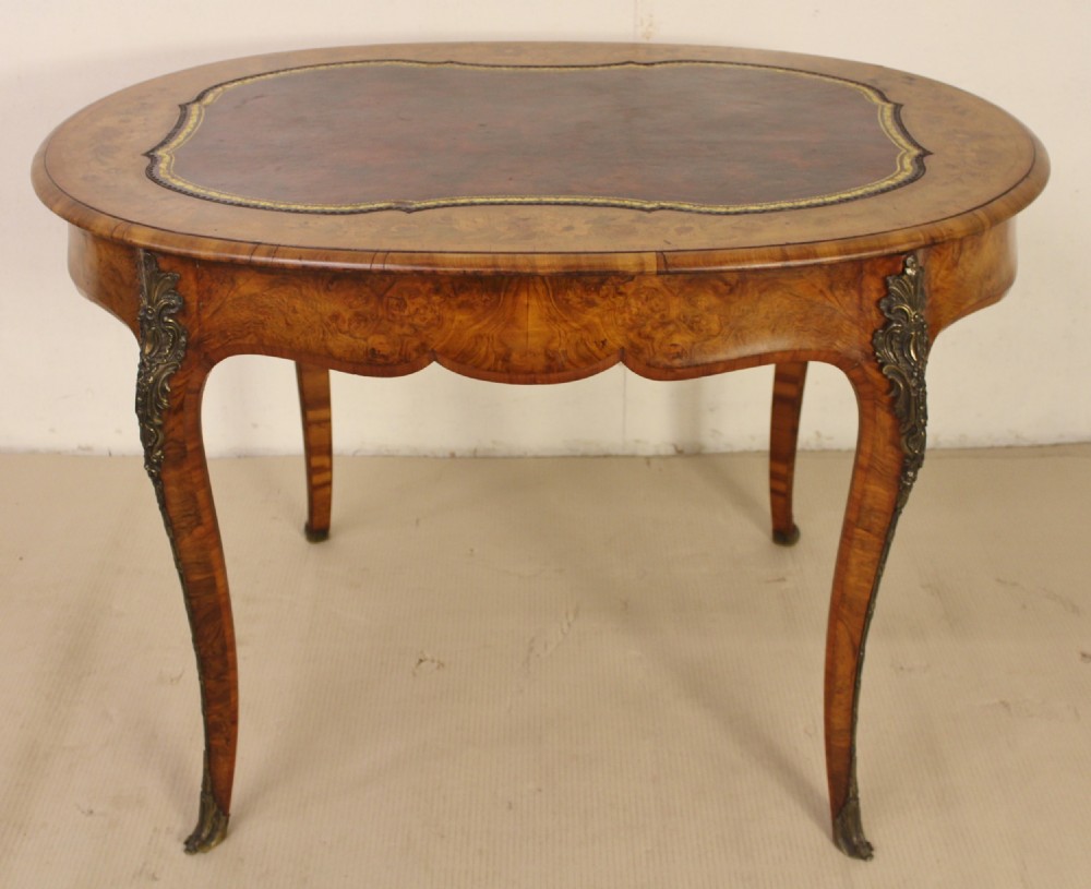Victorian Oval Burr Walnut and Marquetry Writing Table View XI