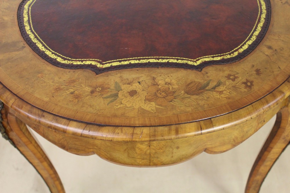 Victorian Oval Burr Walnut and Marquetry Writing Table View XIII