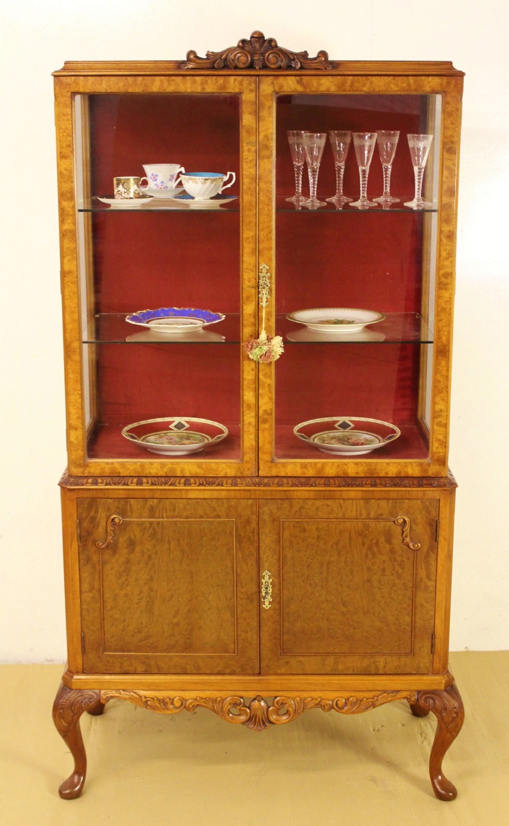 Queen Anne Style Burr Walnut Display Cabinet