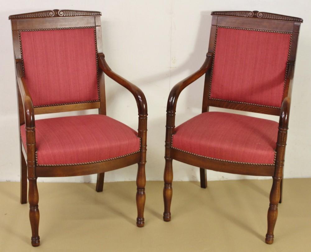 Pair of French Upholstered Mahogany Scroll Armchairs
