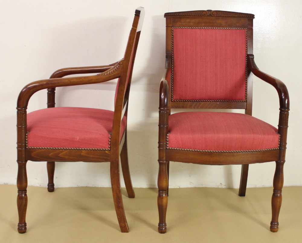 Pair of French Upholstered Mahogany Scroll Armchairs View II