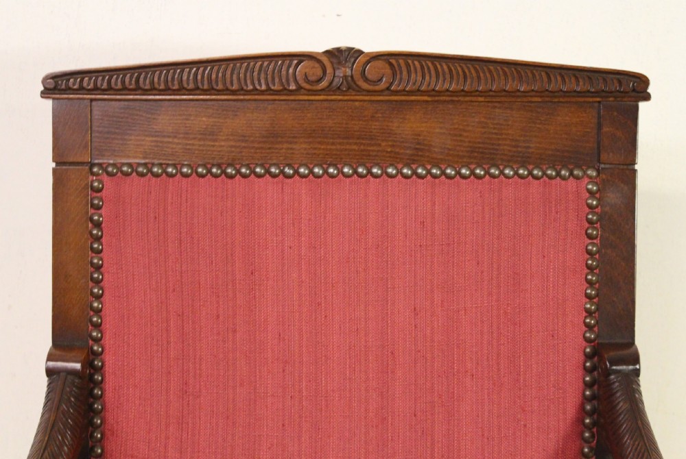 Pair of French Upholstered Mahogany Scroll Armchairs View V