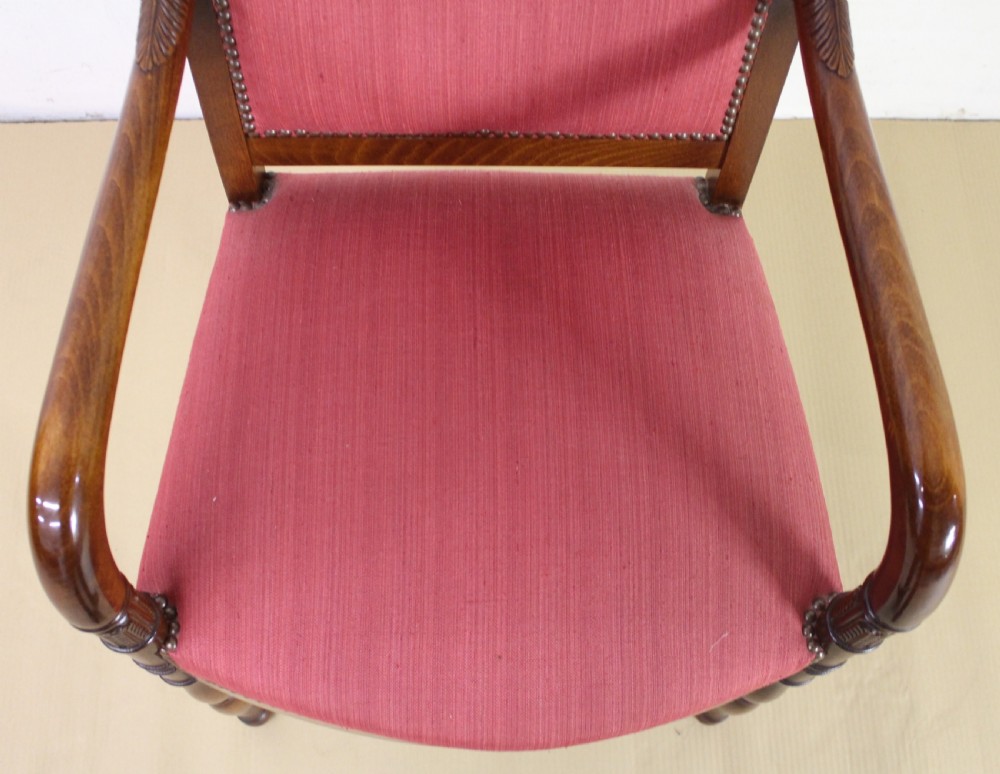 Pair of French Upholstered Mahogany Scroll Armchairs View XI