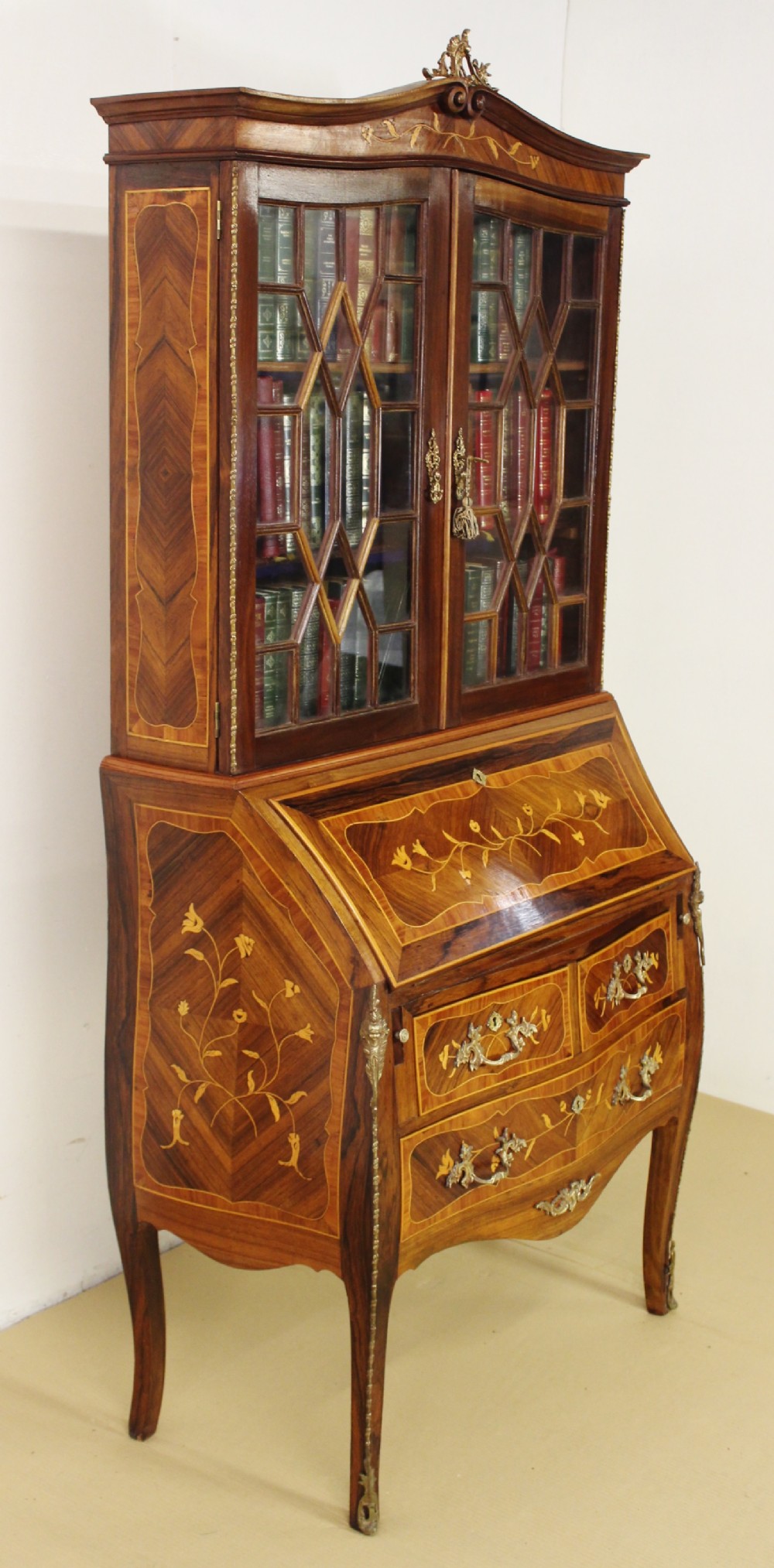 French Rosewood Marquetry Bureau Bookcase