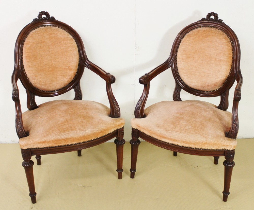 Pair of French Mahogany Upholstered Armchairs