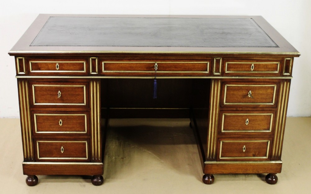 French Mahogany and brass Inlaid Pedestal Desk