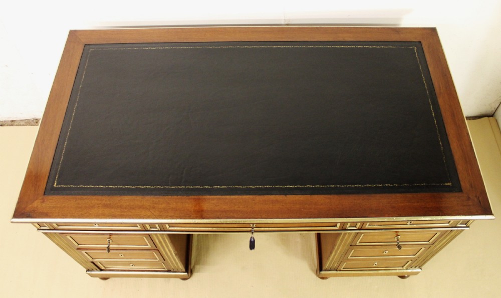 French Mahogany and brass Inlaid Pedestal Desk View II