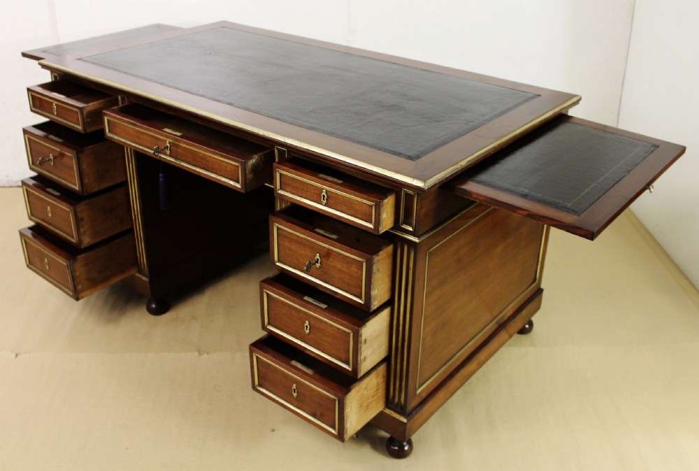 French Mahogany and brass Inlaid Pedestal Desk View III