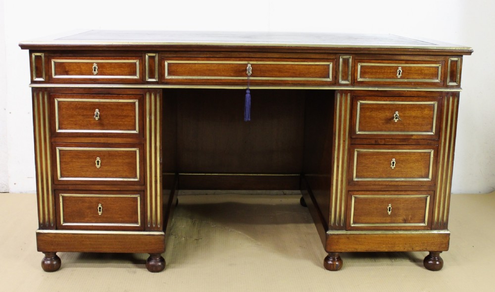 French Mahogany and brass Inlaid Pedestal Desk View VI