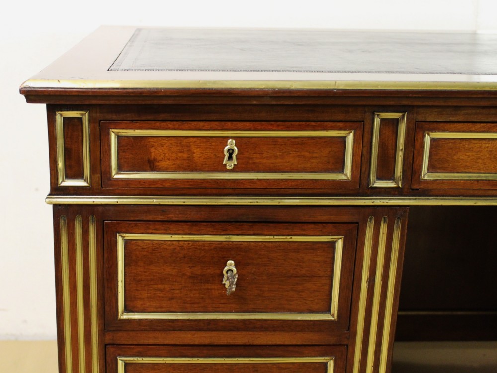 French Mahogany and brass Inlaid Pedestal Desk View IX