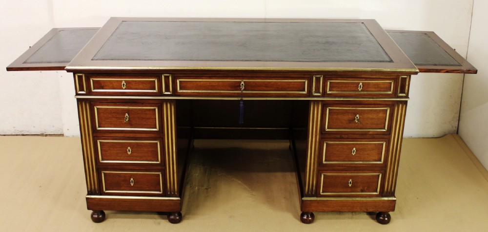 French Mahogany and brass Inlaid Pedestal Desk View XIV