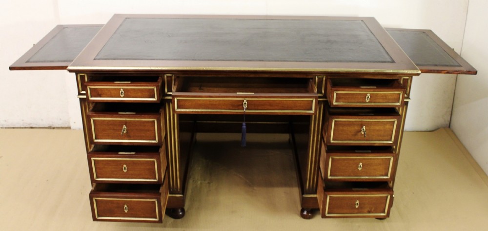 French Mahogany and brass Inlaid Pedestal Desk View XVI