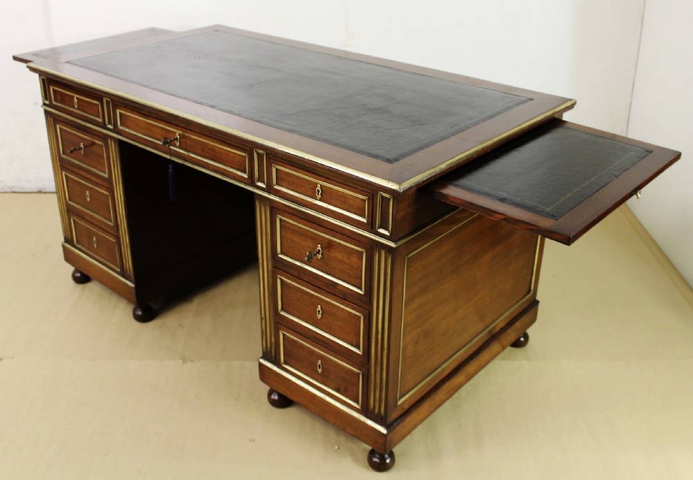 French Mahogany and brass Inlaid Pedestal Desk View XVIII