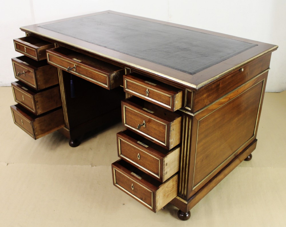 French Mahogany and brass Inlaid Pedestal Desk View XX