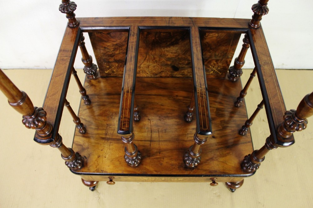 Victorian Inlaid Burr Walnut Canterbury Whatnot View XIII