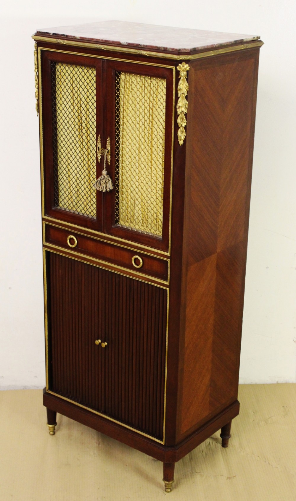 Slender Marble Topped French Mahogany Cabinet