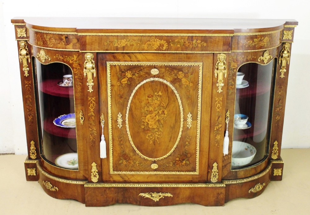 Victorian Floral Marquetry Inlaid Burr Walnut Credenza 