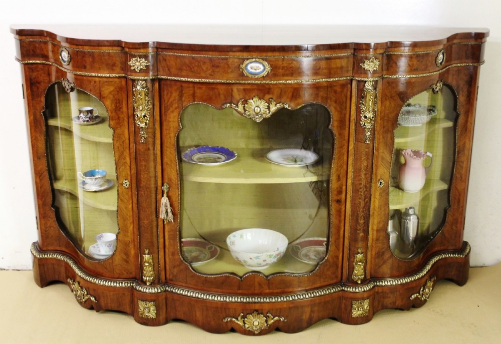 Serpentine Burr Walnut Credenza With Sevres Porcelain Plaques 