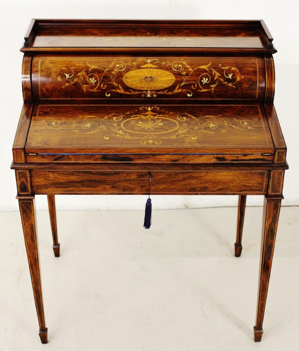 Inlaid Rosewood Cylinder Desk by W J Mansell